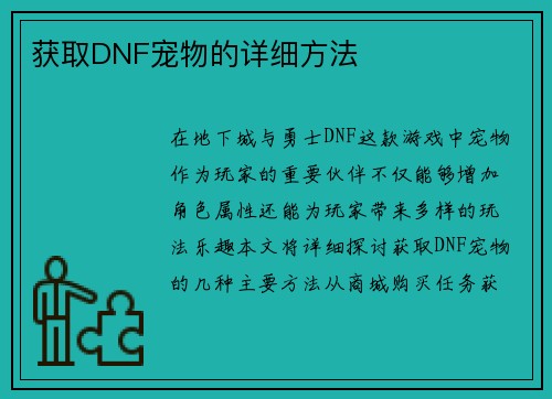 获取DNF宠物的详细方法